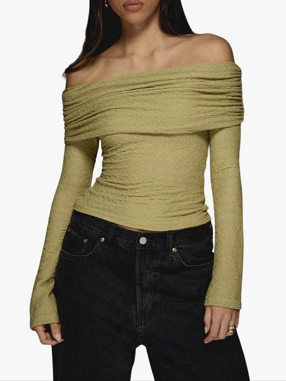 Ruched T Shirt Long Sleeve Off The Shoulder Textured Slim Fit Tee Top